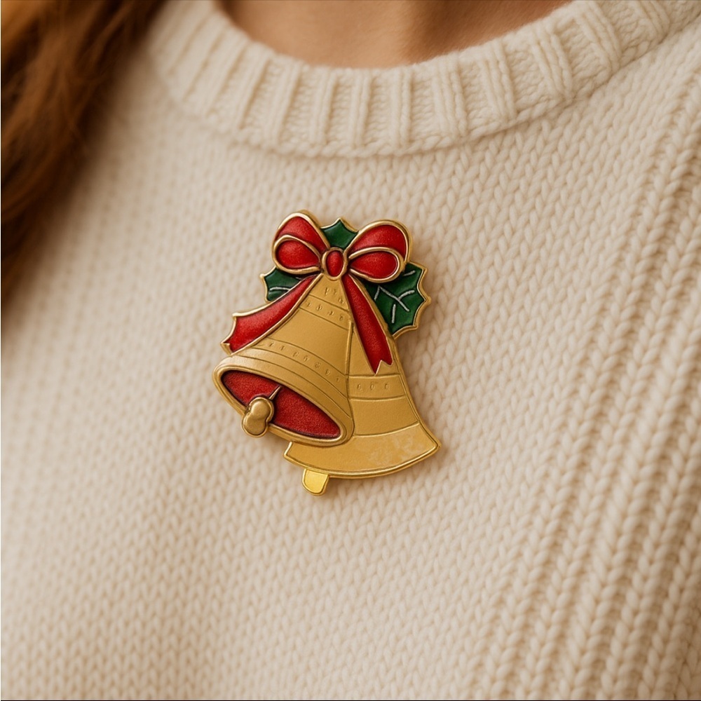 Gold Tone Christmas Bells Brooch Pin Holiday Festive Red Green Bow Gift